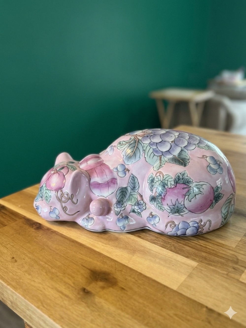 Hand-Painted Pink Floral Ceramic Sleeping Cat Figurine